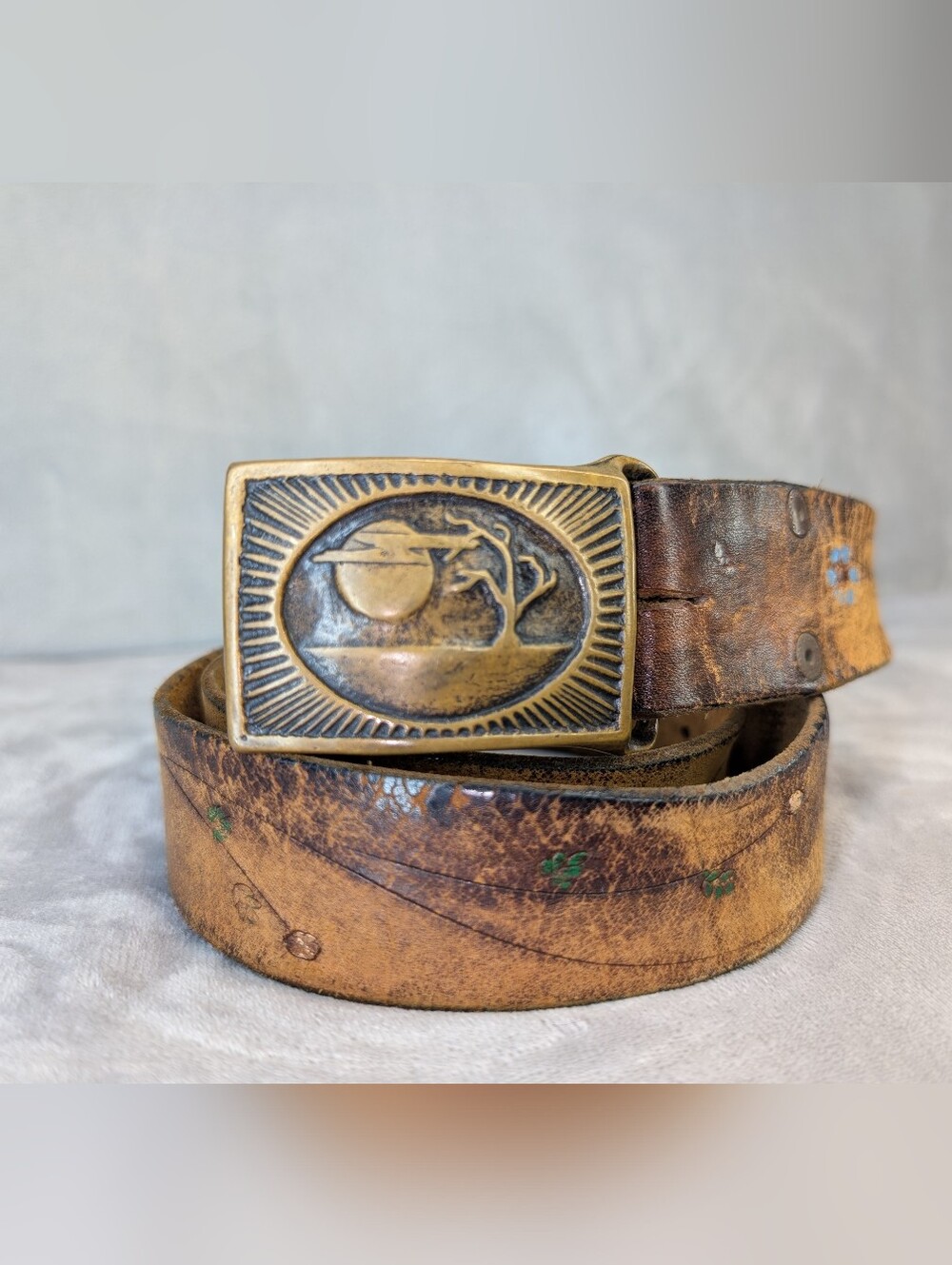 Vintage 1974 Tech Ether Guild La Luna Tree Solid Brass Buckle Leather Belt XL
